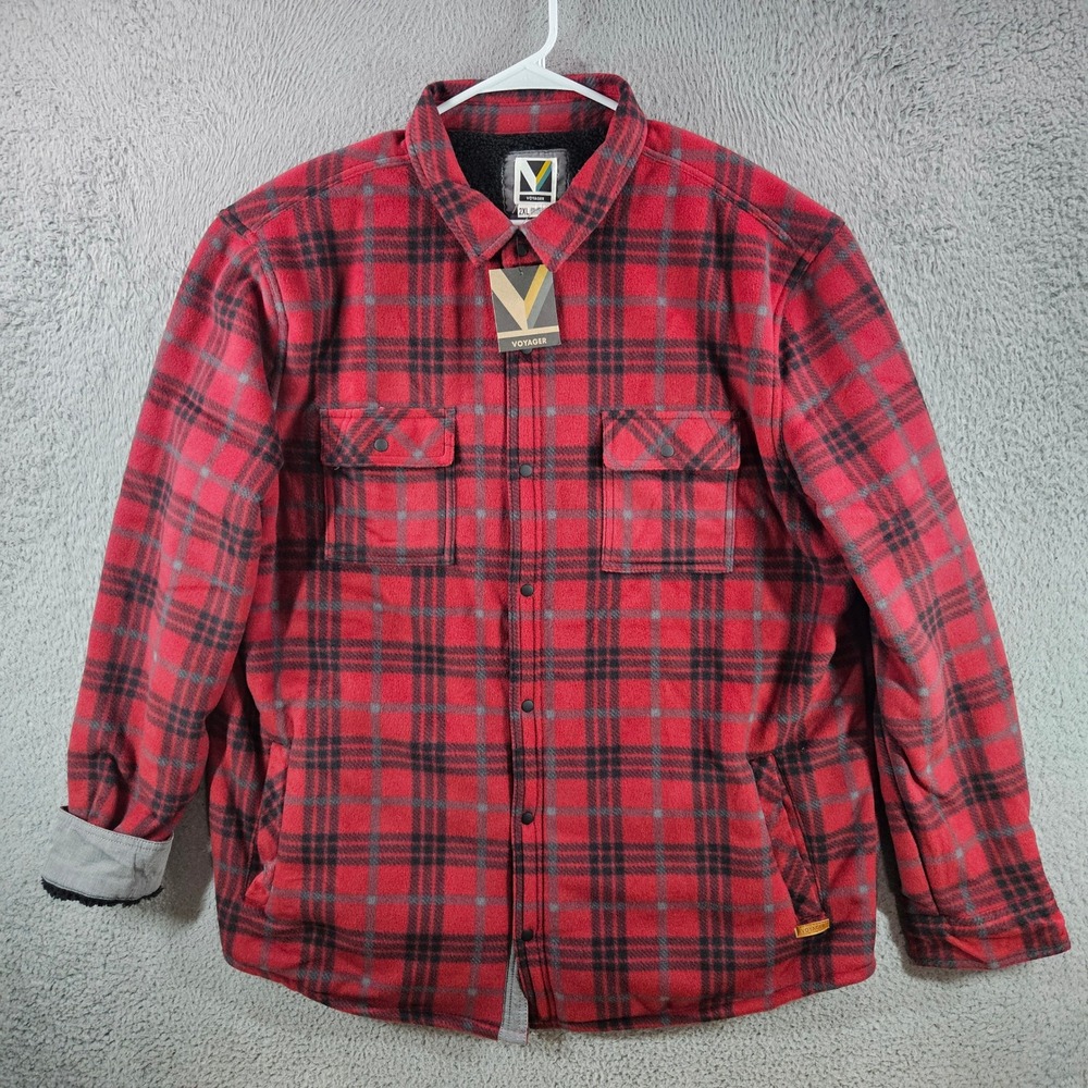 Voyager Mens Fleece Shirt Jacket 2XL Biking Red Plaid Sherpa Lined NEW